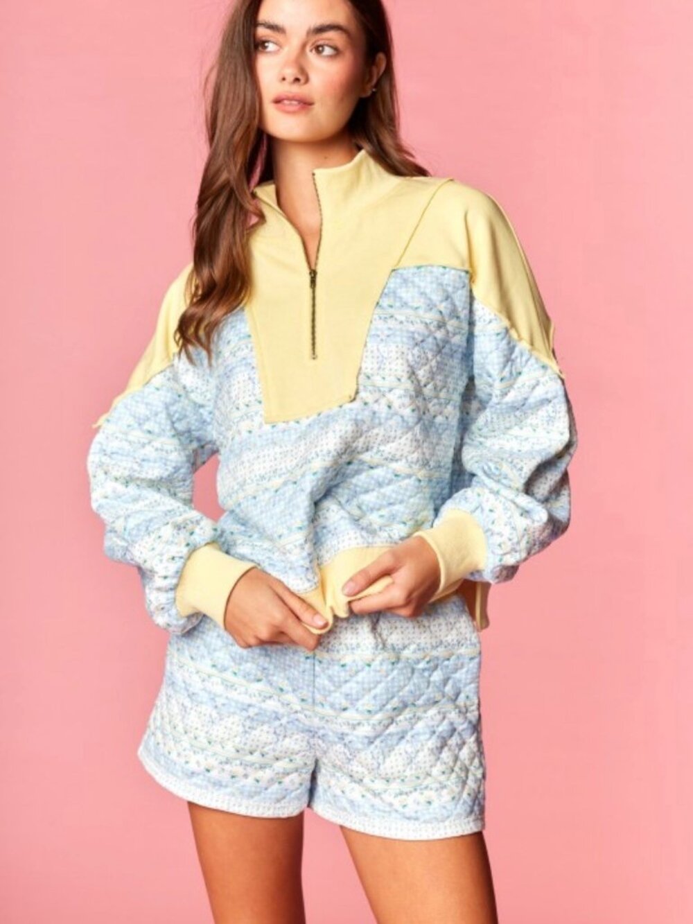 Quilted Quarter Zip Pullover Short Set